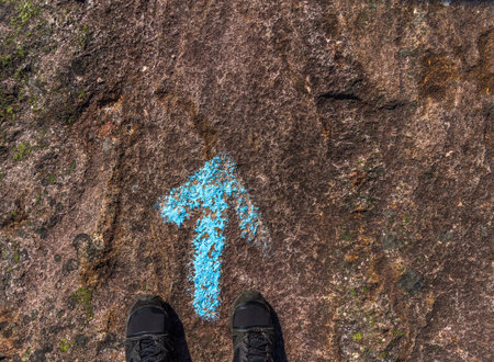 Shoes of a human standing at a blue painted direction arrow on the ground