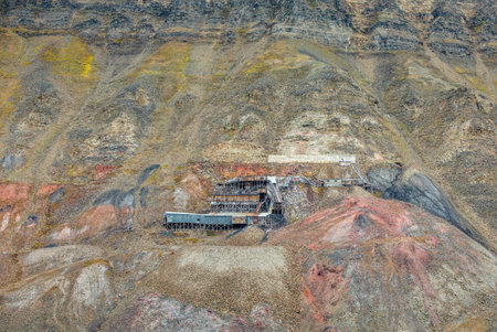abandoned arctic coal mine buildings in Longyearbyen, Norway.
