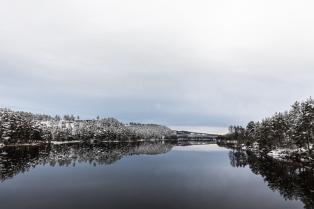 Winter landscape, open water in the Otra river, South part of Norwayの写真素材