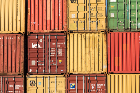 Stack of containers in yellow, red, green and orange. Norwayのeditorial素材