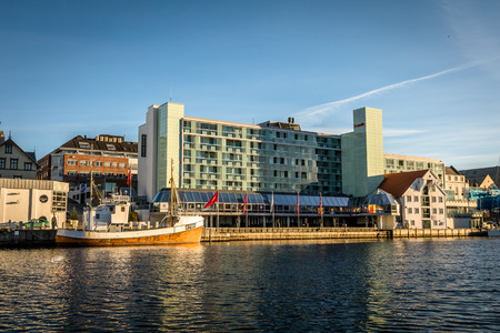 Haugesund, Norway - January 9, 2018: The city of Haugesund, with Smedasund fjord in the foreground. Seen from the Risoy Bridge. Winter.のeditorial素材