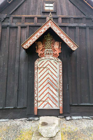 Nore Stave Church entrance door in Nore, Norwayの写真素材