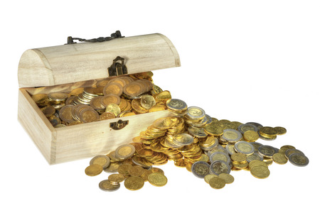 Golden shiny euros coming out of a chestの写真素材