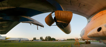 Abandoned aircrafts lighted from the warm light at sunset