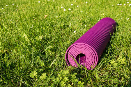 Rolled fitness mat on green grass with sunlight, close up. Outdoor yoga conceptの写真素材