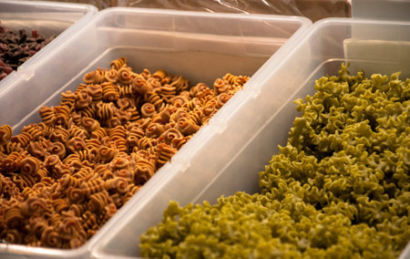 Colorful pasta display in an Italian shop at the farmers market 
