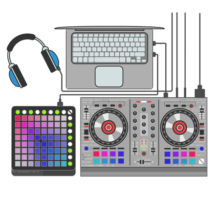 Illustration for Dj set vector flat line art illustration. - Royalty Free Image