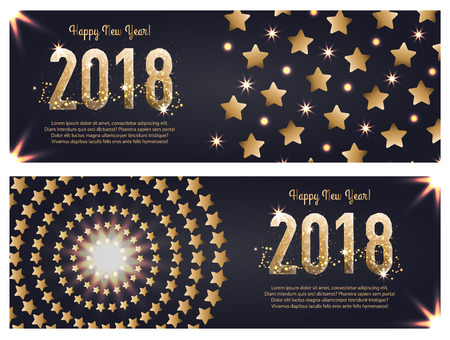 Vector web banner template for happy new year 2018, executed in polygonal and gold style. A set of two banners with sparkling particles and stars. Golden letters with low poly styleのイラスト素材