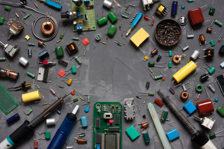 Various electronic components and equipment. flat lay with space for text on gray concrete background. set of spare parts DIY.の写真素材