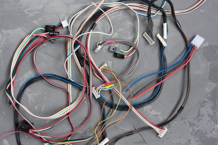 Colored cables and wires with connectors on gray concrete background. Chaos of colorful different...