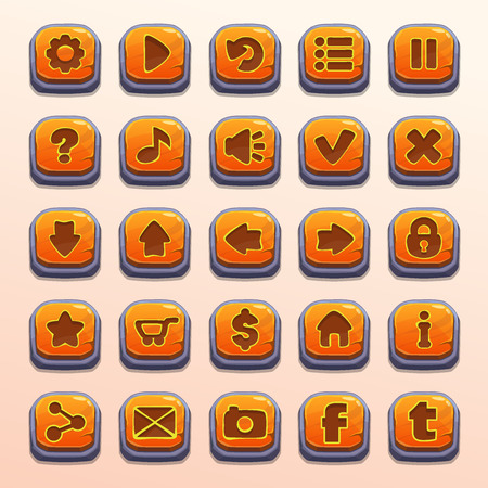 Big set of cartoon orange stone vector buttons for game UIのイラスト素材