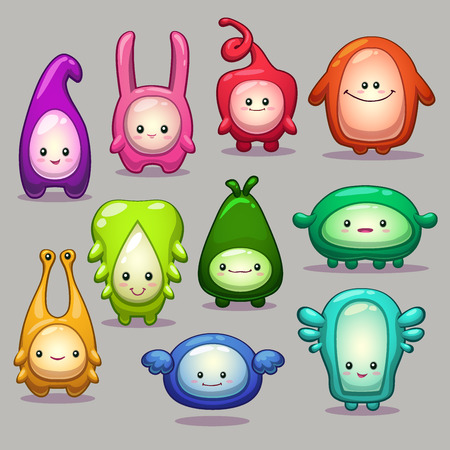 Set of funny cartoon colorful monsters, vector characters on the gray backgroundのイラスト素材