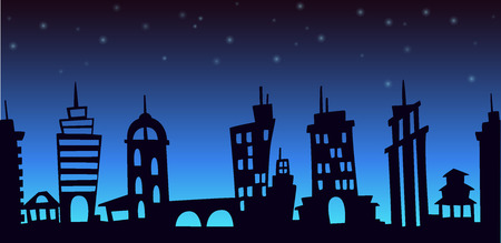 Night cartoon city landscape, seamless background with skyscrapers silhouettesのイラスト素材
