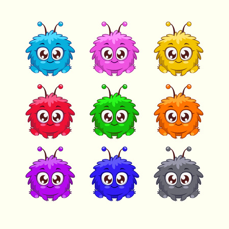 Little cute cartoon fluffy monster in different colorsのイラスト素材