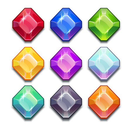 Cartoon vector gems and diamonds icons set in different colors on the white background.のイラスト素材