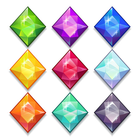 Cartoon vector gems and diamonds icons set in different colors on the white background.のイラスト素材