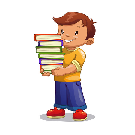 Cartoon boy with pile of books, isolated vector illustrationのイラスト素材
