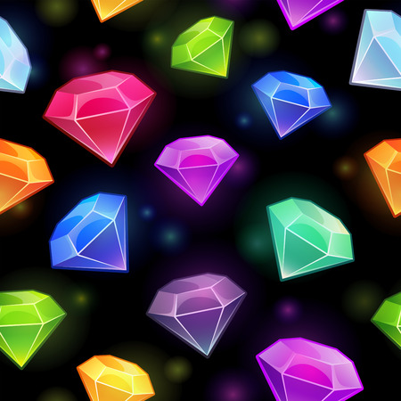 Seamless pattern with gems and diamonds in different colors on the black backgroundのイラスト素材