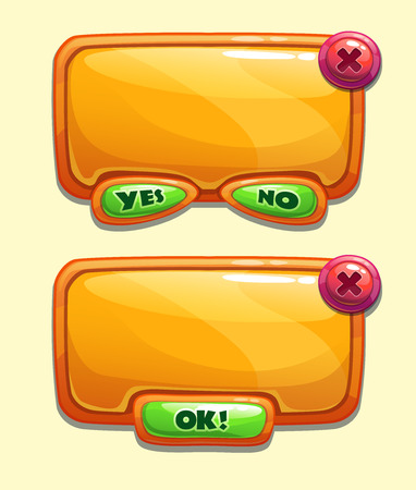 Orange cartoon panels for game or web UI, including yes/no and OK buttonsのイラスト素材