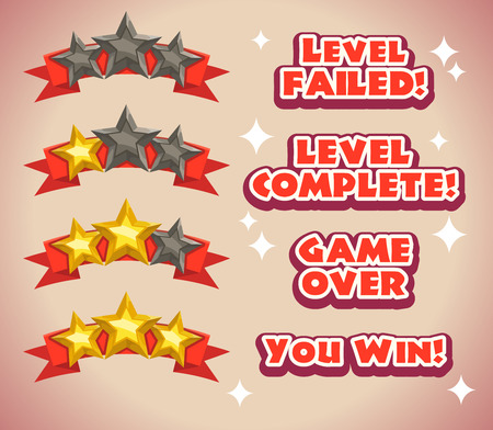 Game rating icons with stars, inscriptions for game ending, level results iconのイラスト素材
