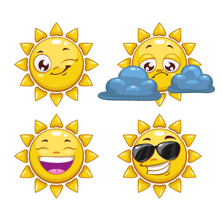 Cartoon sun with different emotions, isolated vector illustrationのイラスト素材