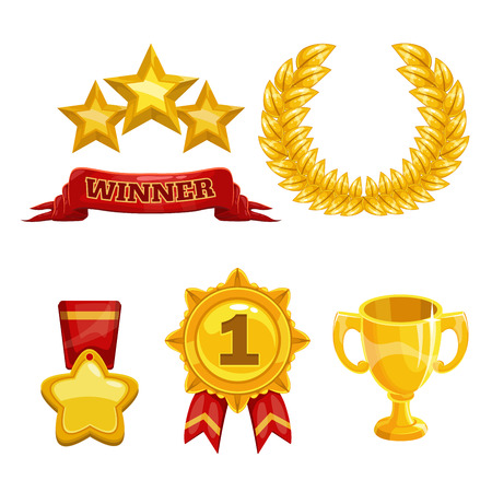 Award and trophy icons set, isolated vector golden elementsのイラスト素材