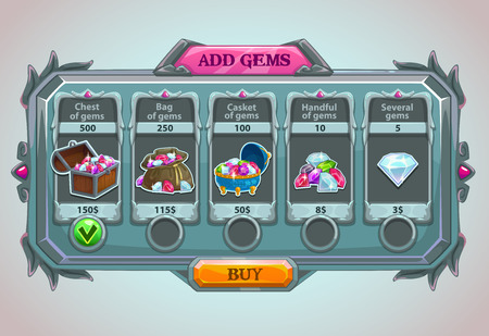 Add gems panel, vector epic game asset with gems icons and buttonsのイラスト素材
