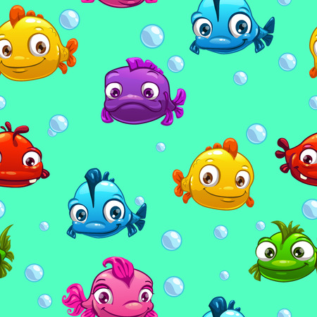 Seamless pattern with funny cartoon colorful fishes, vector endless illustrationのイラスト素材