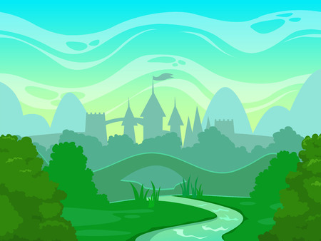 Seamless cartoon fantasy morning landscape with castle silhouette, vector illustrationのイラスト素材