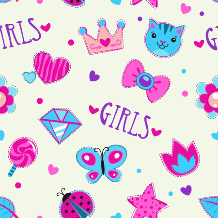 Cute girlish seamless pattern with funny doodle elements, vector textureのイラスト素材
