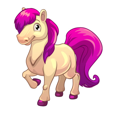 Funny cartoon little white horse with purple hair, isolated on whiteのイラスト素材