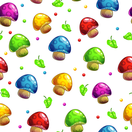 Seamless pattern with funny cartoon colorful mushrooms and leaves on the white background, vector illustrationのイラスト素材