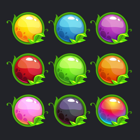 Funny cartoon colorful round buttons with nature elements, vector set for game designのイラスト素材