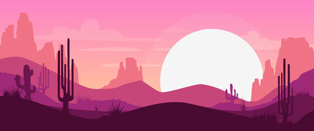Cartoon desert landscape with cactus, hills and mountains silhouettes, vector nature horizontal backgroundのイラスト素材