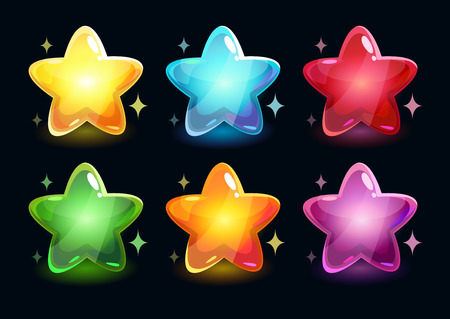 Cartoon colorful glossy stars on dark background, vector shiny iconsのイラスト素材
