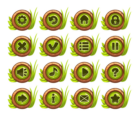 Cartoon buttons menu set with green middle and grass decoration, isolated on whiteのイラスト素材