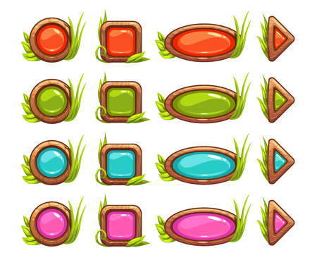 Cartoon buttons with colorful middle and grass decoration, vector GUI set, isolated on whiteのイラスト素材