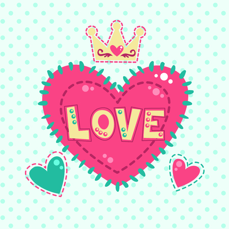 Cute girlish fashion illustration with hearts and crown, vector template for girls t shirt print designのイラスト素材