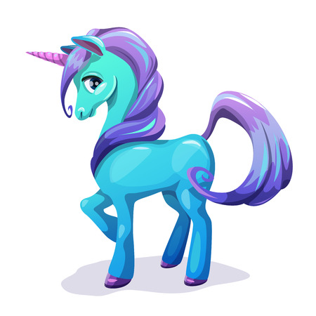 Cute cartoon blue unicorn with purple hair, isolated on white vector illustrationのイラスト素材