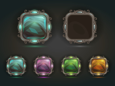 Beautiful vector magic shiny square buttons on dark background, gui assets with colorful middlesのイラスト素材