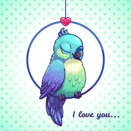 Cute cartoon blue bird sitting in the ring, vector illustrationのイラスト素材