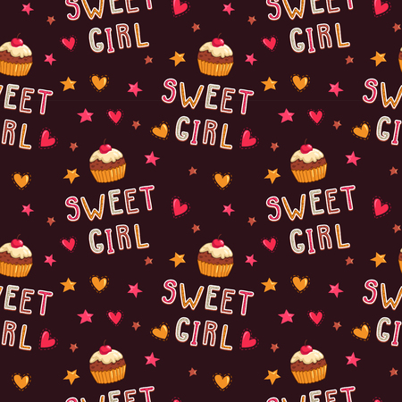 Cute seamless pattern with cupcakes and sweet girl text, girlish vector textureのイラスト素材