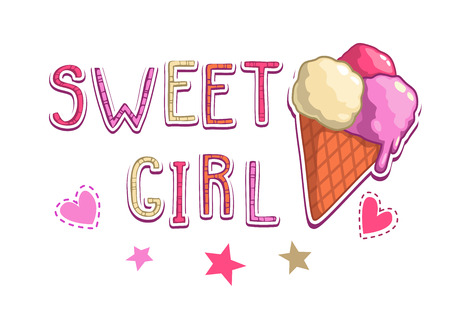 Sweet girl illustration, cute vector t shirt design template with ice cream, stars and hearts on whiteのイラスト素材