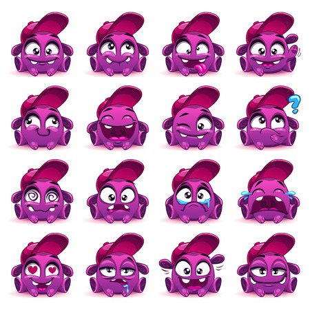 Little cartoon comic purple character with different emotions, emoji stickers set, isolated on whiteのイラスト素材