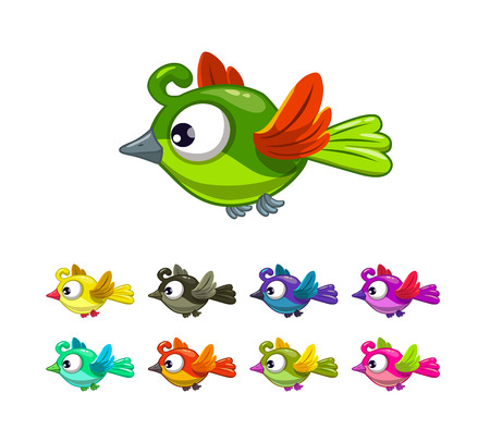 Little cute cartoon flying birds set, different color variations, vector illustrationのイラスト素材