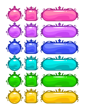 Cartoon colorful buttons for web or game design. Round, square, long oval shapes. Isolated on white.のイラスト素材