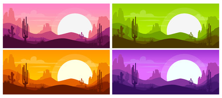 Cartoon desert landscape with cactus, hills and mountains silhouettes, nature horizontal background. Different color variations. Vector illustrations.のイラスト素材