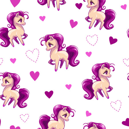 Seamless pattern for girls with cute cartoon little horse and hearts on white background, vector childish texture. Kids style wallpaper print.のイラスト素材