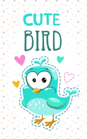Cute girlish t shirt print template with funny blue bird. Vector childish illustration.のイラスト素材