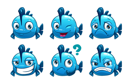 Funny cartoon blue fish character with different emotions on the face. Vector set. Isolated on white.のイラスト素材